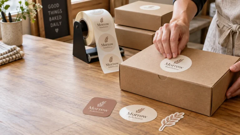 A bakery worker applies a round wheat-sprig sticker to a kraft pastry box beside a tabletop label dispenser, loose sample stickers, and stacked bakery boxes.