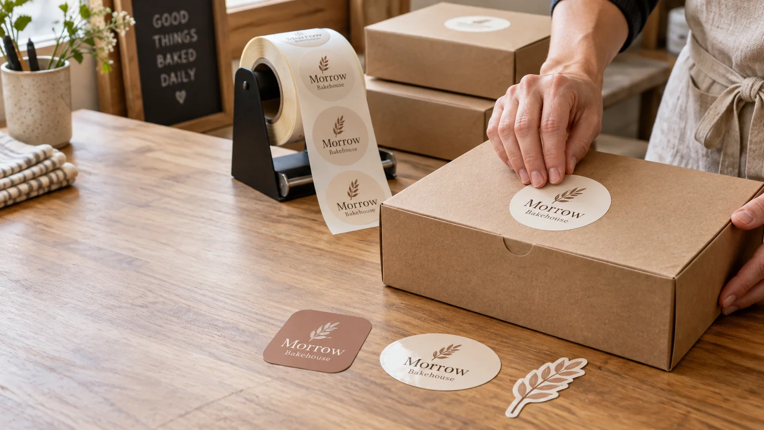 A bakery worker applies a round wheat-sprig sticker to a kraft pastry box beside a tabletop label dispenser, loose sample stickers, and stacked bakery boxes.