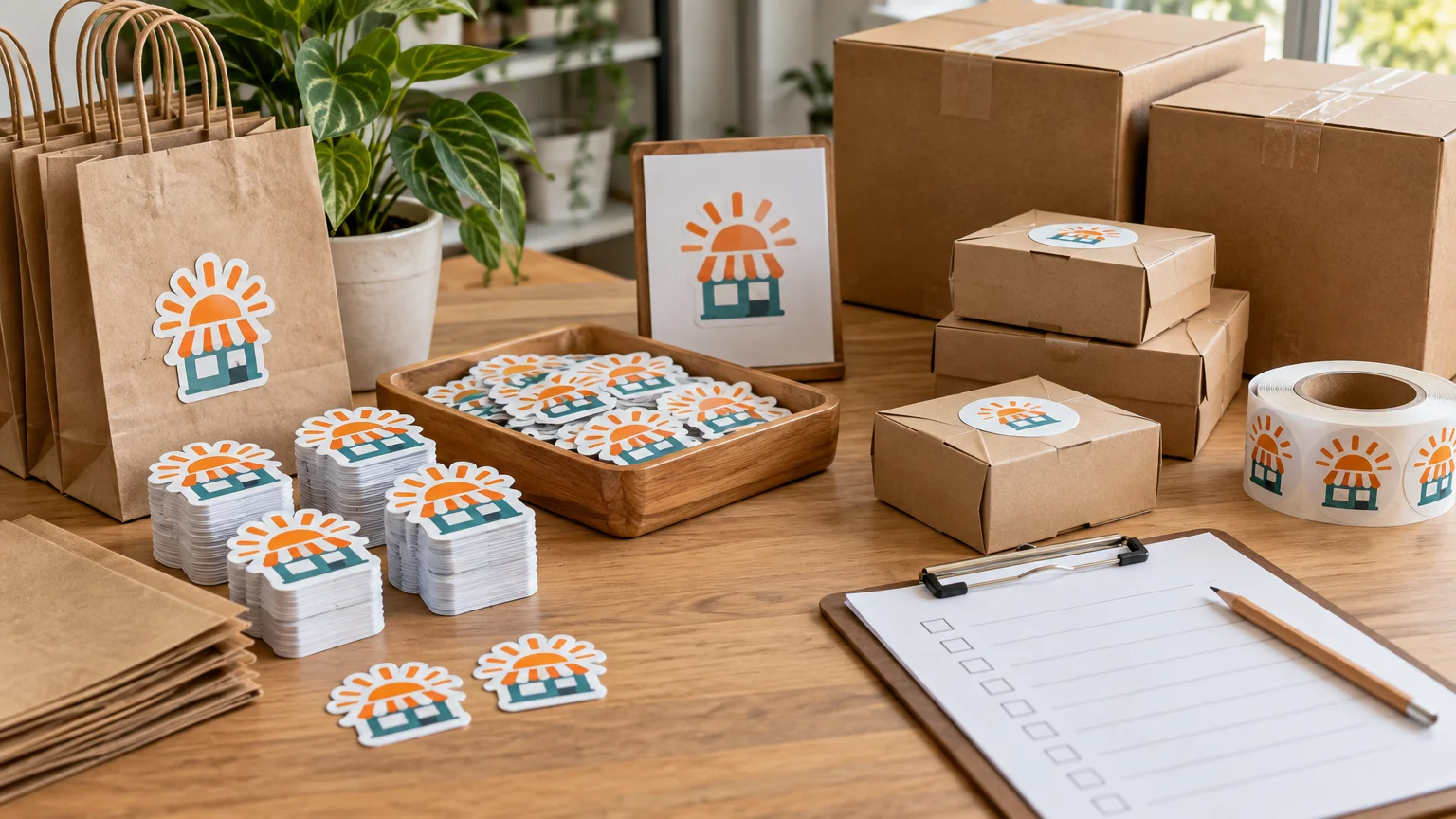 Stacks and loose die-cut storefront-and-sun stickers, sticker rolls, labeled shipping boxes, paper gift bags, and a checklist arranged on a wooden packing table.