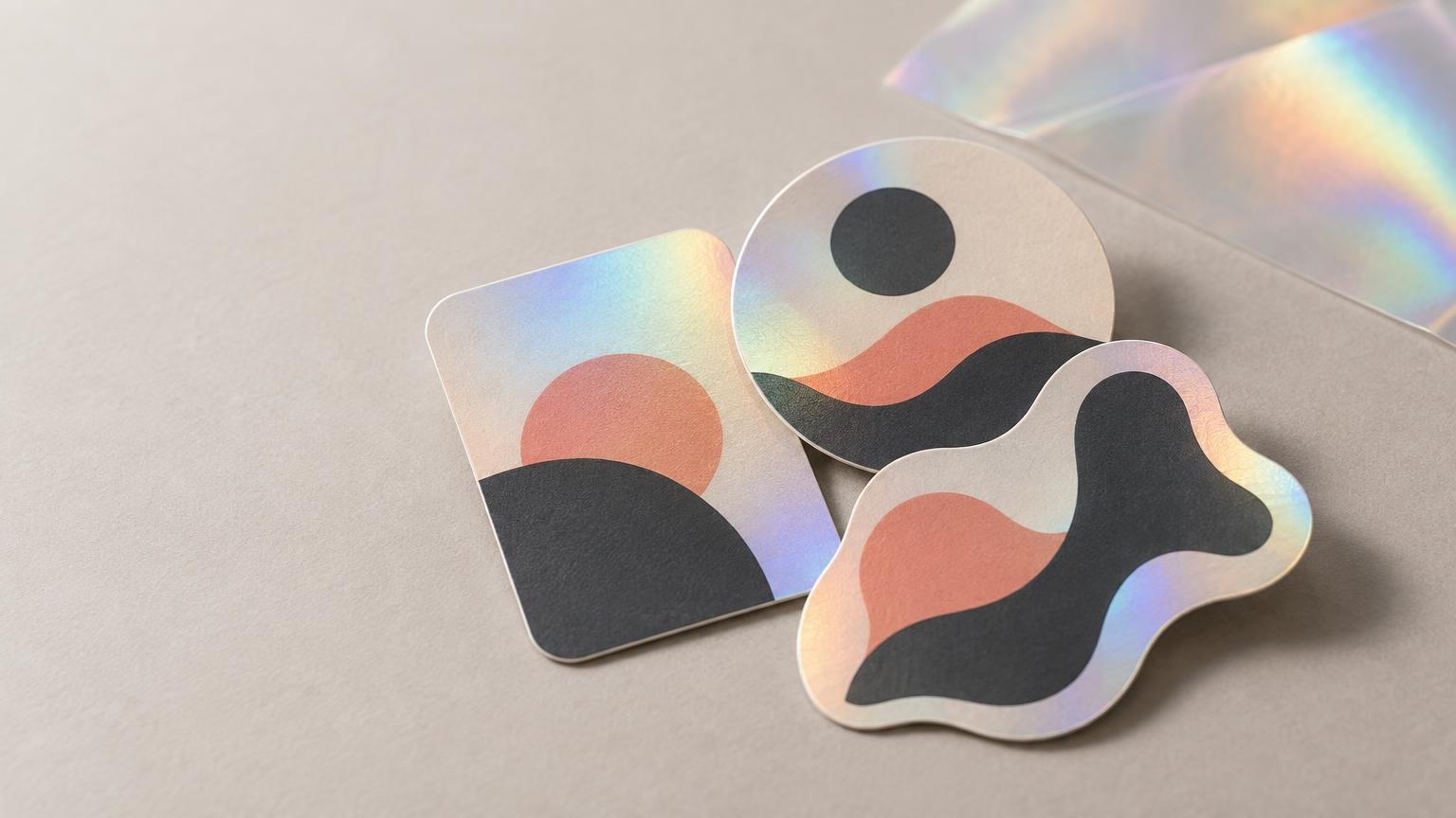 Three die-cut holographic stickers with abstract black and coral shapes rest on a pale textured surface, catching soft rainbow reflections; a translucent holographic sheet lies behind them.