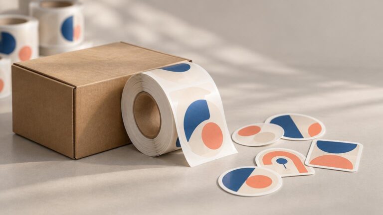 A kraft cardboard box beside a roll of glossy abstract-patterned labels, with several loose round and square stickers on a neutral surface.