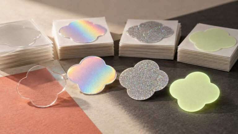 Studio-lit close-up of blank cloud-shaped stickers in clear, rainbow holographic, silver glitter, and pale green finishes, with stacked backing sheets behind them.