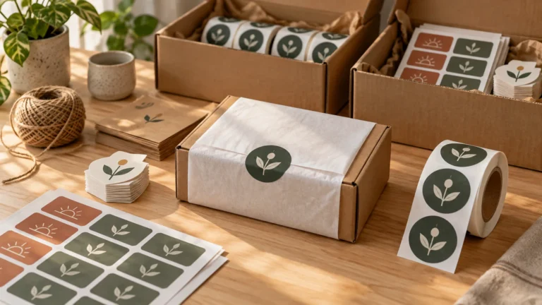 Warmly lit packaging workspace with cardboard boxes, tissue-wrapped parcel, rolls and sheets of botanical stickers, and stacks of die-cut labels on a wooden table.
