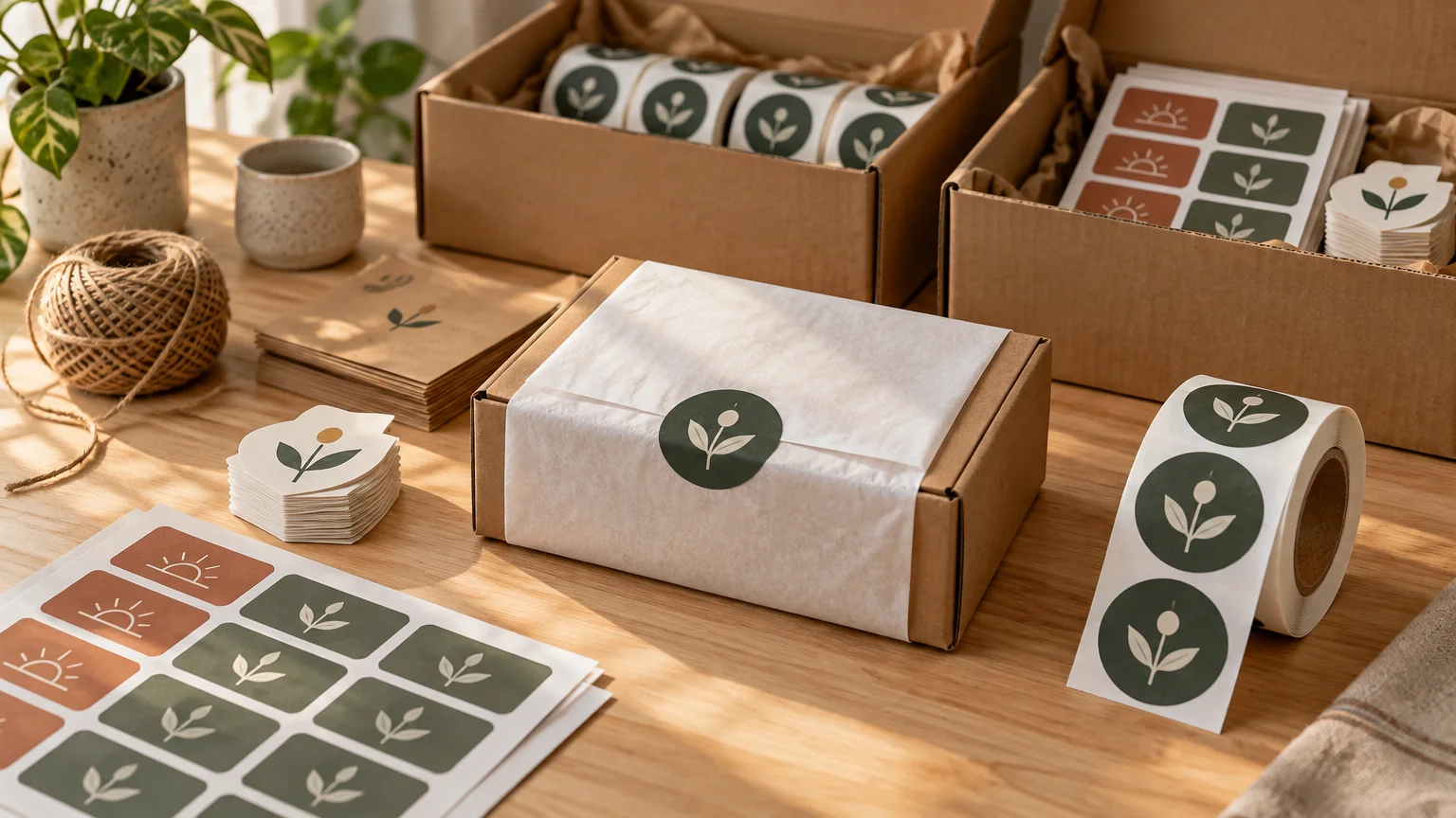 Warmly lit packaging workspace with cardboard boxes, tissue-wrapped parcel, rolls and sheets of botanical stickers, and stacks of die-cut labels on a wooden table.