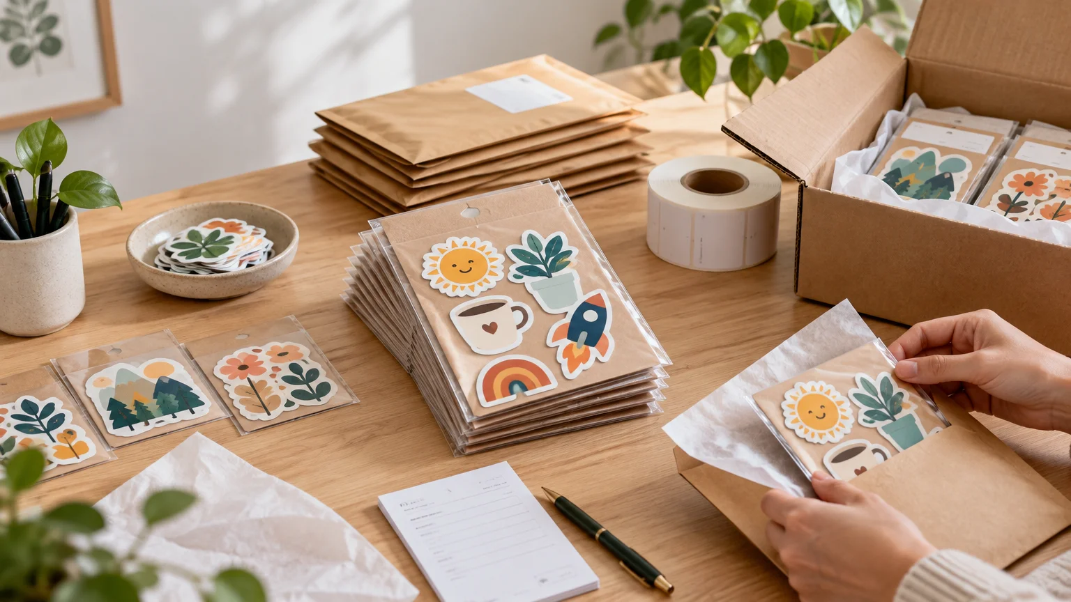 Hands pack illustrated die-cut sticker sets into a mailer beside stacked bundles, envelopes, a label roll, and an open shipping box on a wooden table.