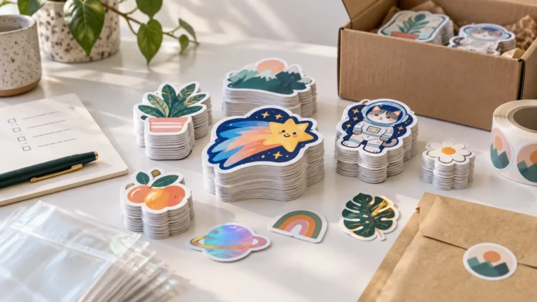 Sunlit tabletop workspace with tall stacks of colorful die-cut stickers, a cardboard box of additional sticker packs, a roll of round labels, mailing envelopes, clear sleeves, and a checklist with a pen.