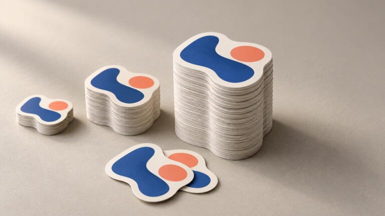 Three ascending stacks of white die-cut stickers with blue abstract shapes and orange circles, plus two loose stickers on a neutral tabletop.