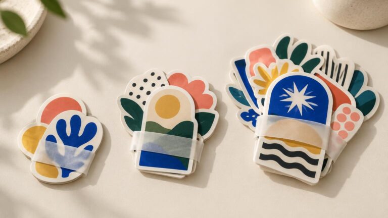 Three bundled stacks of colorful die-cut stickers in small, medium, and large quantities on a cream tabletop, held with translucent paper bands in soft directional light.