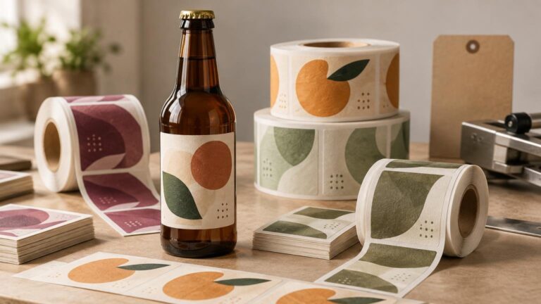 Studio still life of a brown glass bottle surrounded by rolls and stacks of fruit-patterned adhesive labels on a worktable, with a small label applicator at right.