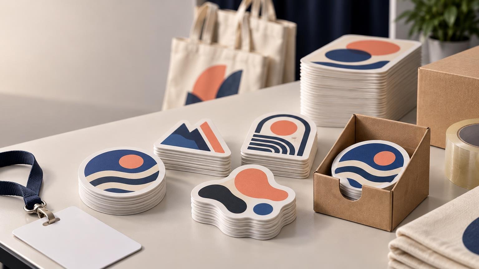 Stacks of colorful die-cut stickers with abstract navy and coral designs arranged on a table beside a cardboard dispenser box, packing tape, tote bags, and a blank event badge.