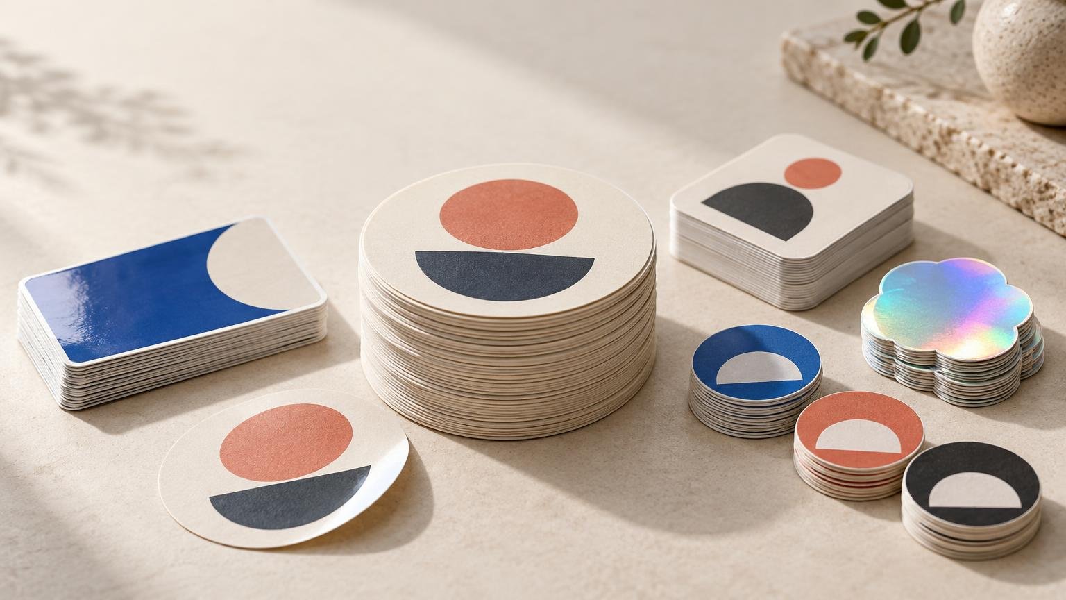 Stacks of assorted die-cut stickers with geometric designs, including round, rectangular, small circular, and iridescent flower-shaped examples, arranged on a sunlit tabletop.