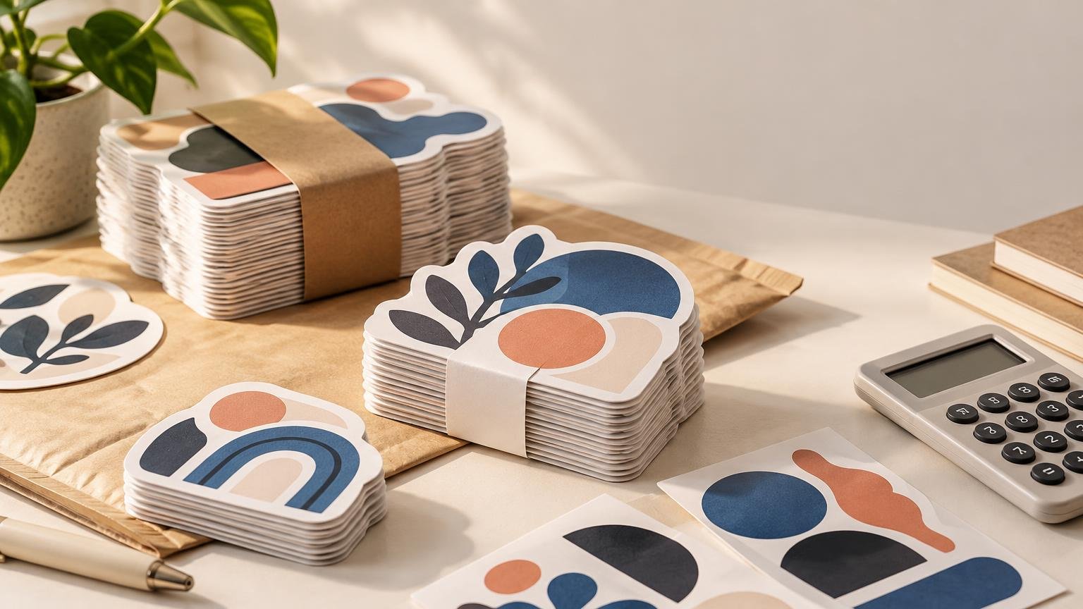 Stacks of abstract die-cut stickers wrapped in paper bands sit on kraft paper beside a calculator, notebooks, and a potted plant in warm directional light.