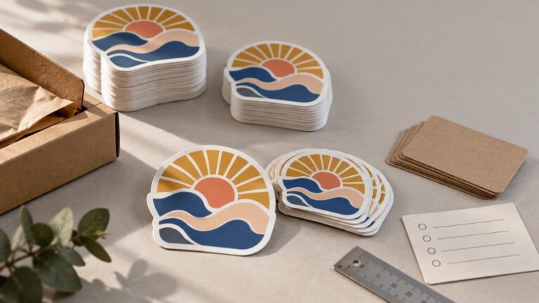 Stacks of rounded sun-and-wave stickers beside a kraft shipping box, backing cards, ruler, and checklist card on a softly lit tabletop.