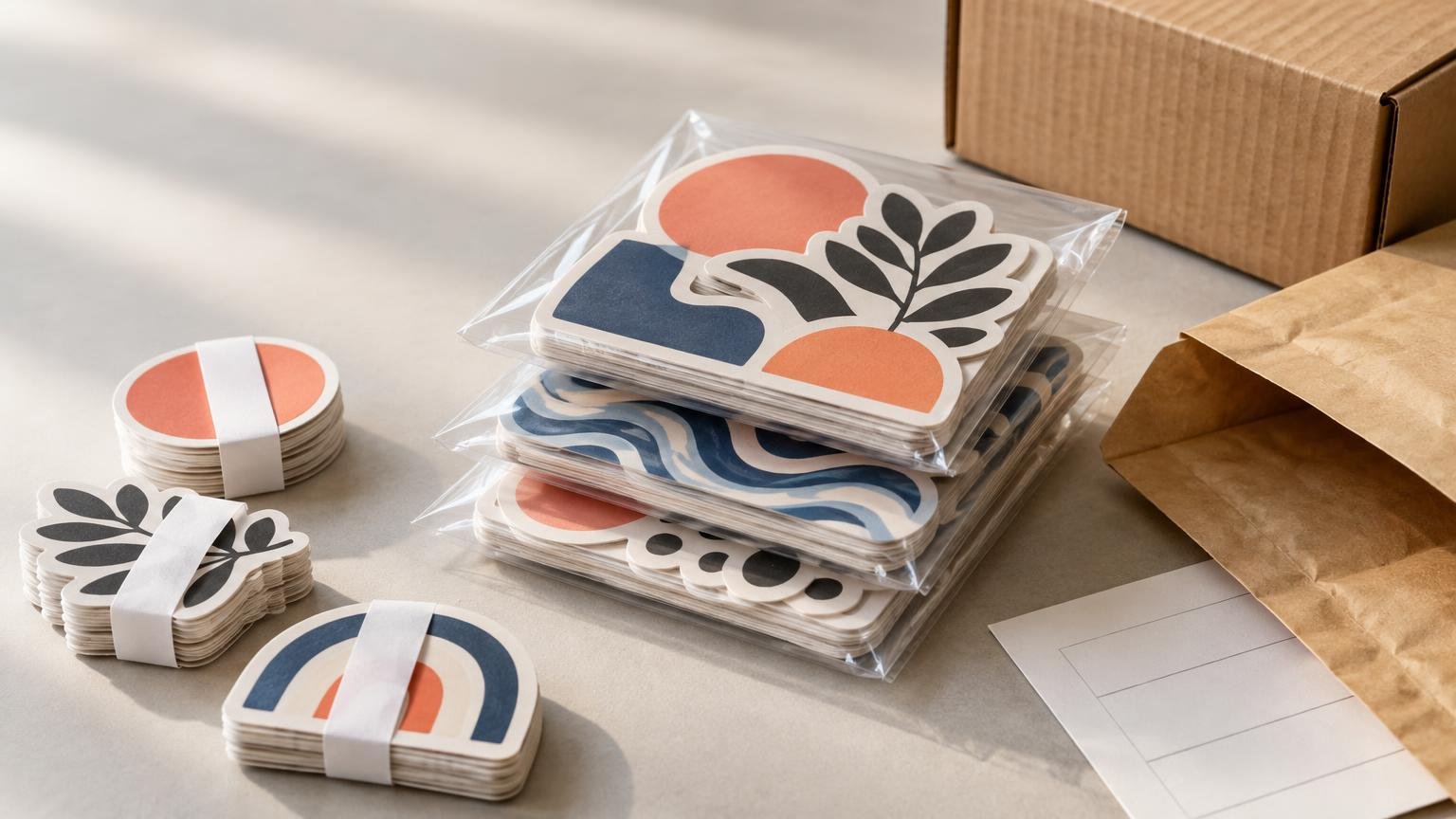 Stacks of colorful die-cut stickers bundled and sealed in clear sleeves beside a cardboard shipping box, kraft mailer, and blank label sheet on a sunlit work surface.