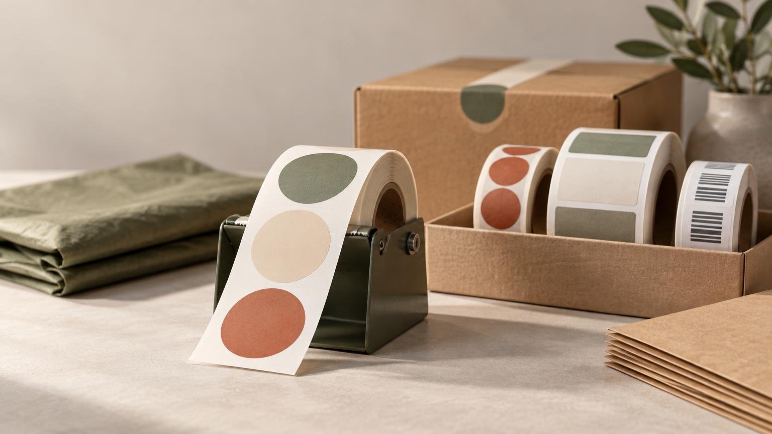 Rolls of blank colored, rectangular, and barcode-style packaging stickers arranged with a label dispenser, cardboard boxes, mailers, and folded fabric on a tabletop.