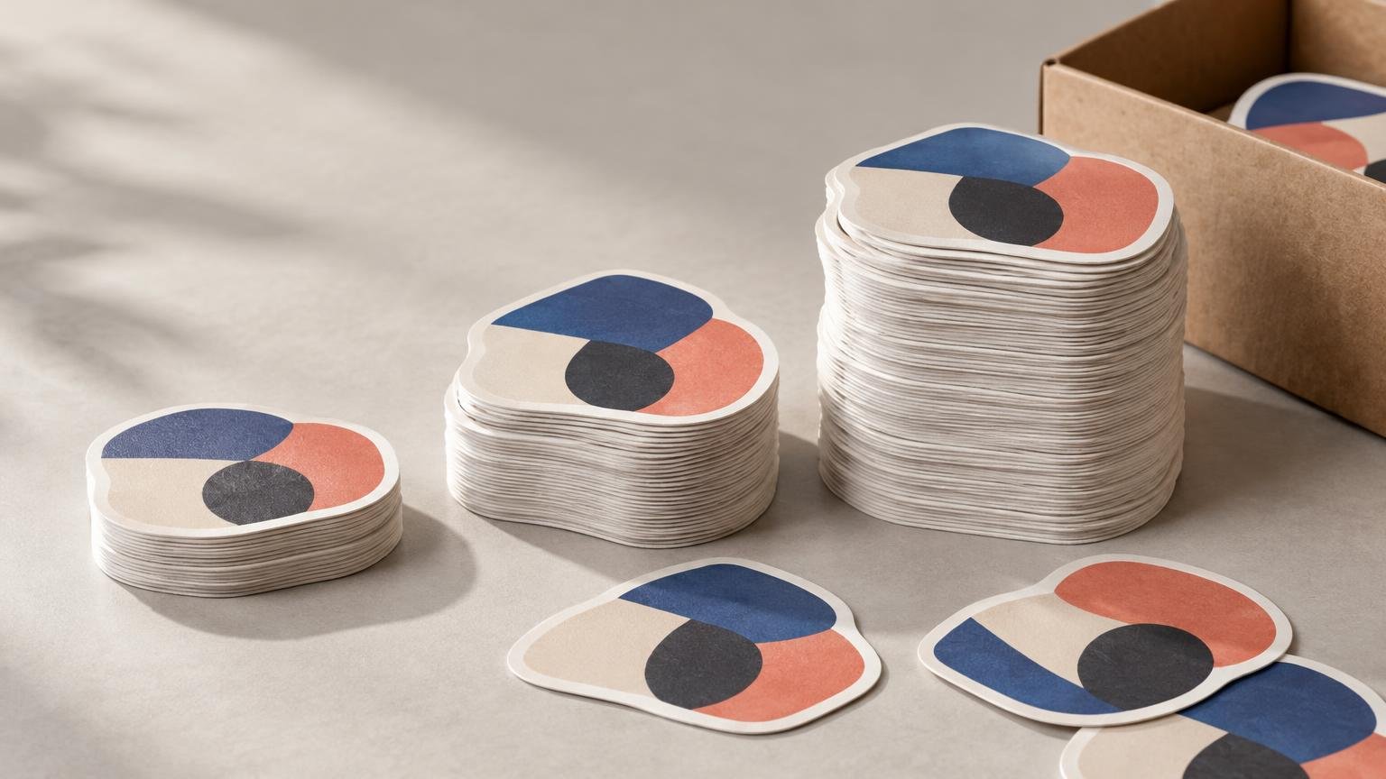 Several stacks of rounded abstract-pattern stickers in increasing heights on a neutral tabletop beside an open cardboard box.