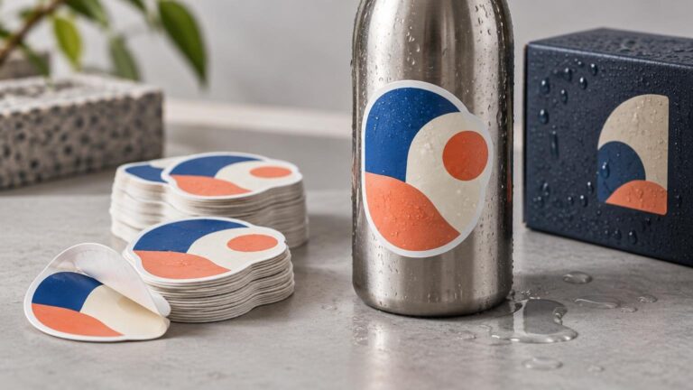 Close-up studio scene of water-dappled abstract stickers on a metal bottle, stacked sticker sheets, and a dark box on a wet gray surface.