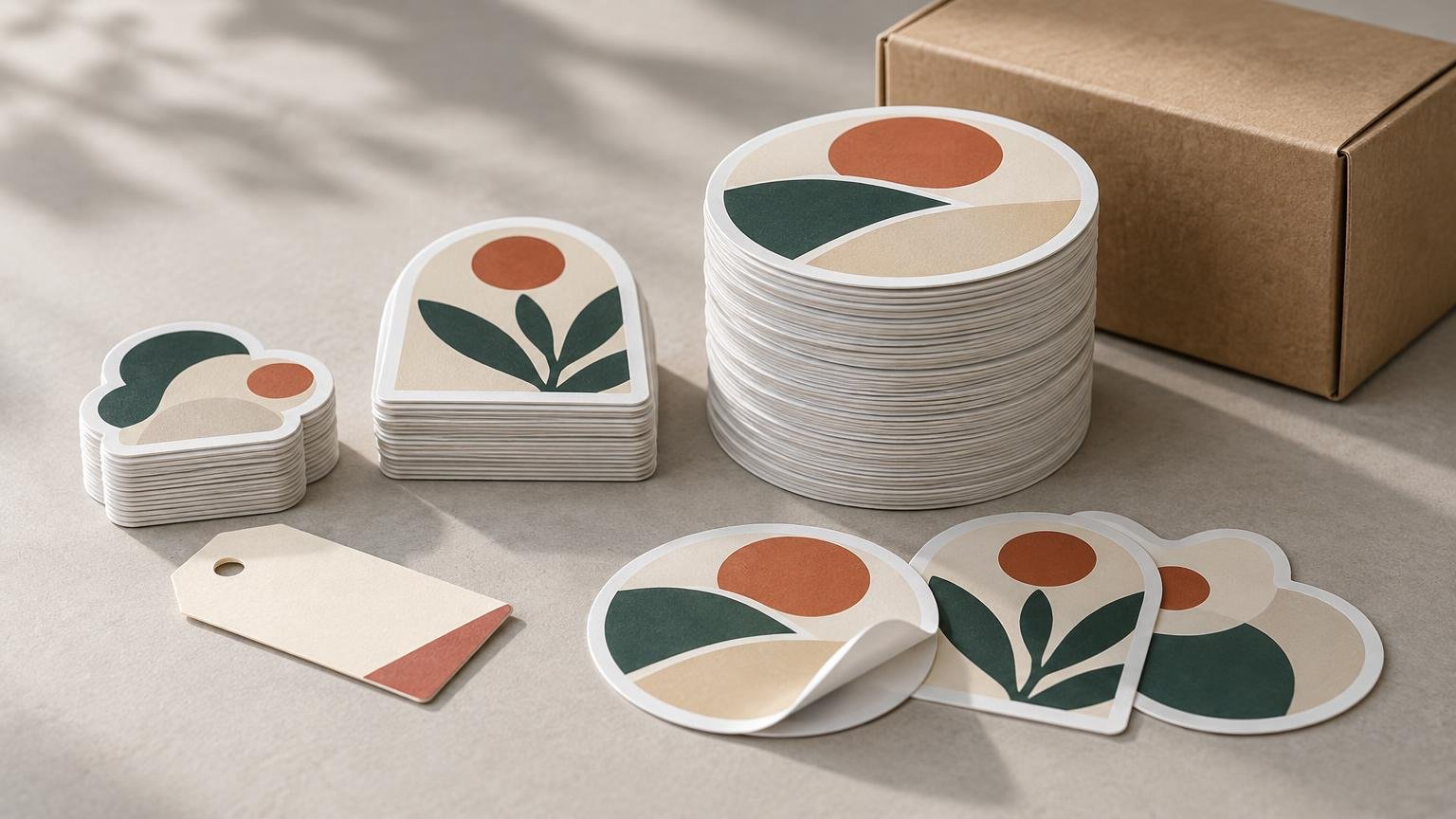 Stacks of assorted die-cut stickers with abstract green, cream, and rust botanical designs beside a plain cardboard shipping box and a blank paper tag on a tabletop.